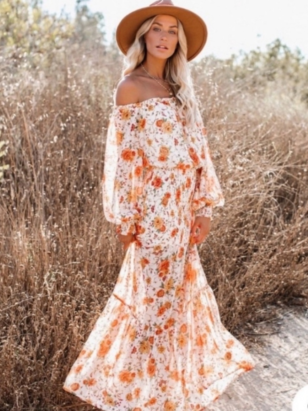 Vici Live For Sunset Floral Smocked Maxi Dress Cream Orange Small